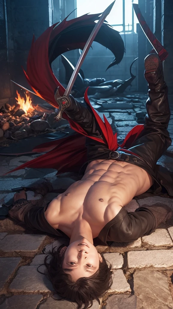 3DCG illustration、Anime Style、A boy defeated a demon boss with a sword。Boy stands、The demon is lying on the ground with its body exposed.、The demon's face is on the ground。