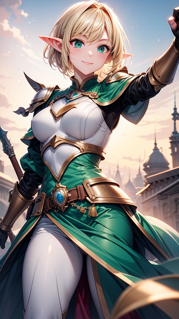 Cowboy Shot、Masterpiece、high resolution、high quality、32k、(Elf Woman、Blonde、short hair、Green Eyes、Shining silver armor、breastplate、tiny hand、Pointing at me)、Smiling Kindly、Look up at me