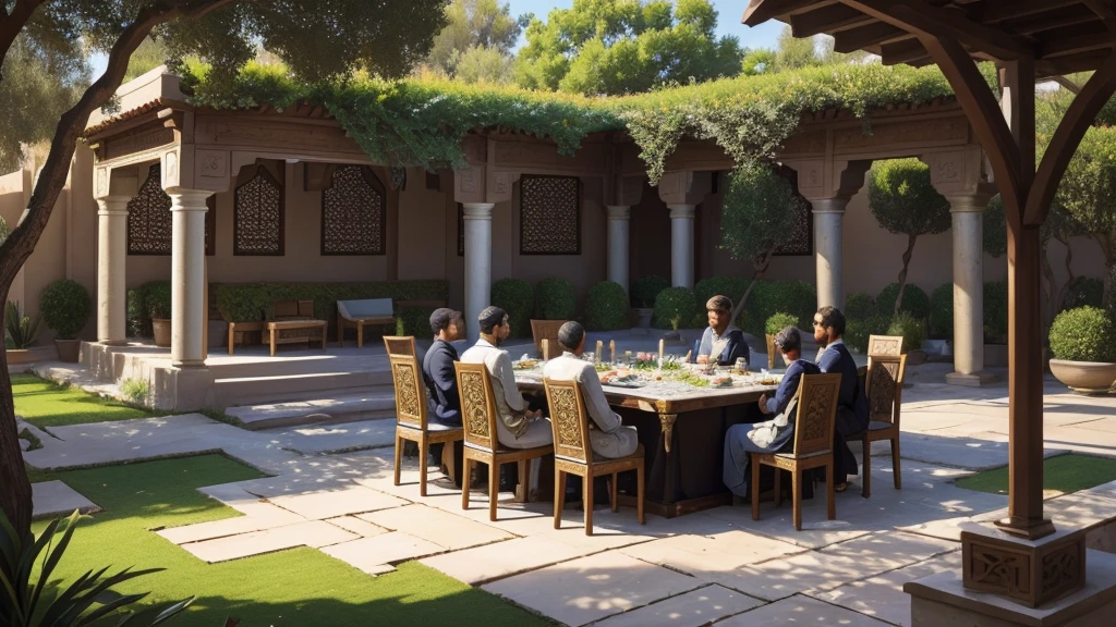 "A tranquil garden adorned with Persian motifs and symbols of eternal life, where scholars gather to study ancient texts under the shade of date palms. In the midst of the garden, a manuscript of the Book of Daniel lies open to Chapter 12, verse 2, illuminated with vibrant colors and intricate calligraphy. The scene reflects the scholarly interpretation and spiritual significance of Daniel's prophecy, emphasizing the evolving belief in resurrection during the intertestamental period."