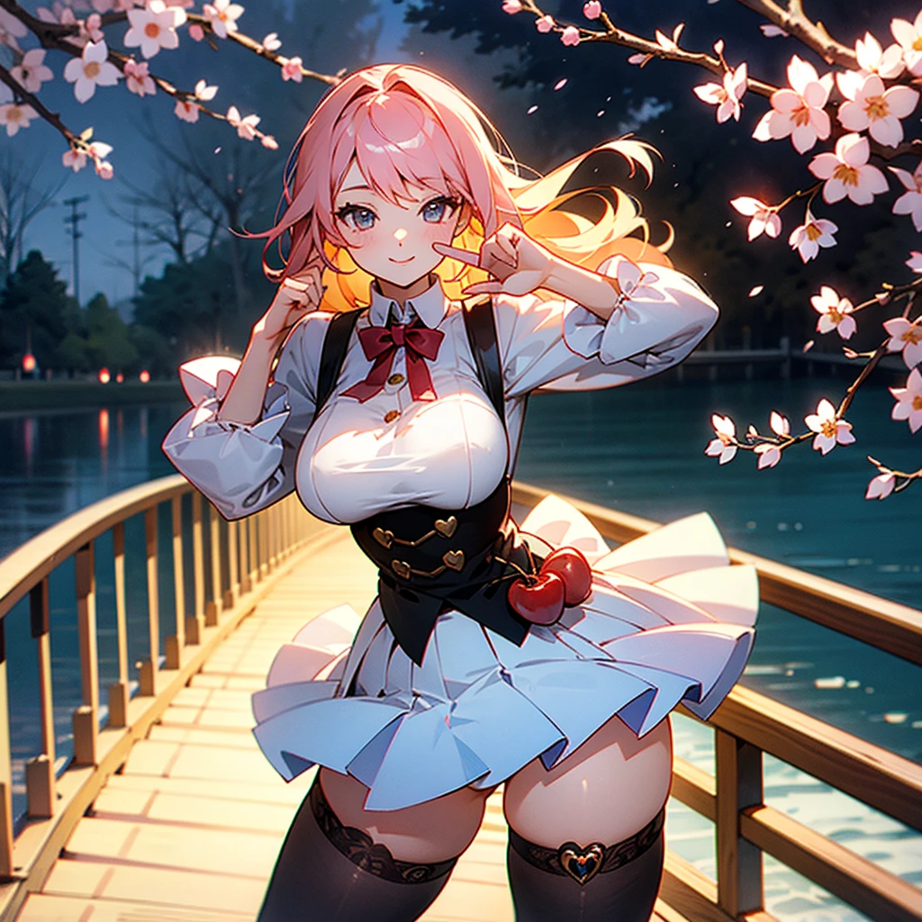 Cute girl gesturing heart with hand on a bridge with a cherry tree for the background in spring, thigh highs, large breasts, cute, masterpiece, high quality, good lighting