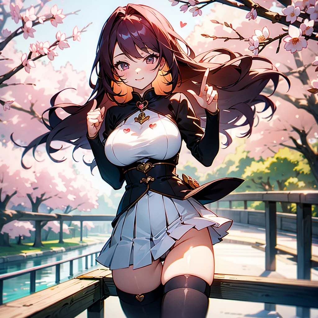 Cute girl gesturing heart with hand on a bridge with a cherry tree for the background in spring, thigh highs, large breasts, cute, masterpiece, high quality, good lighting