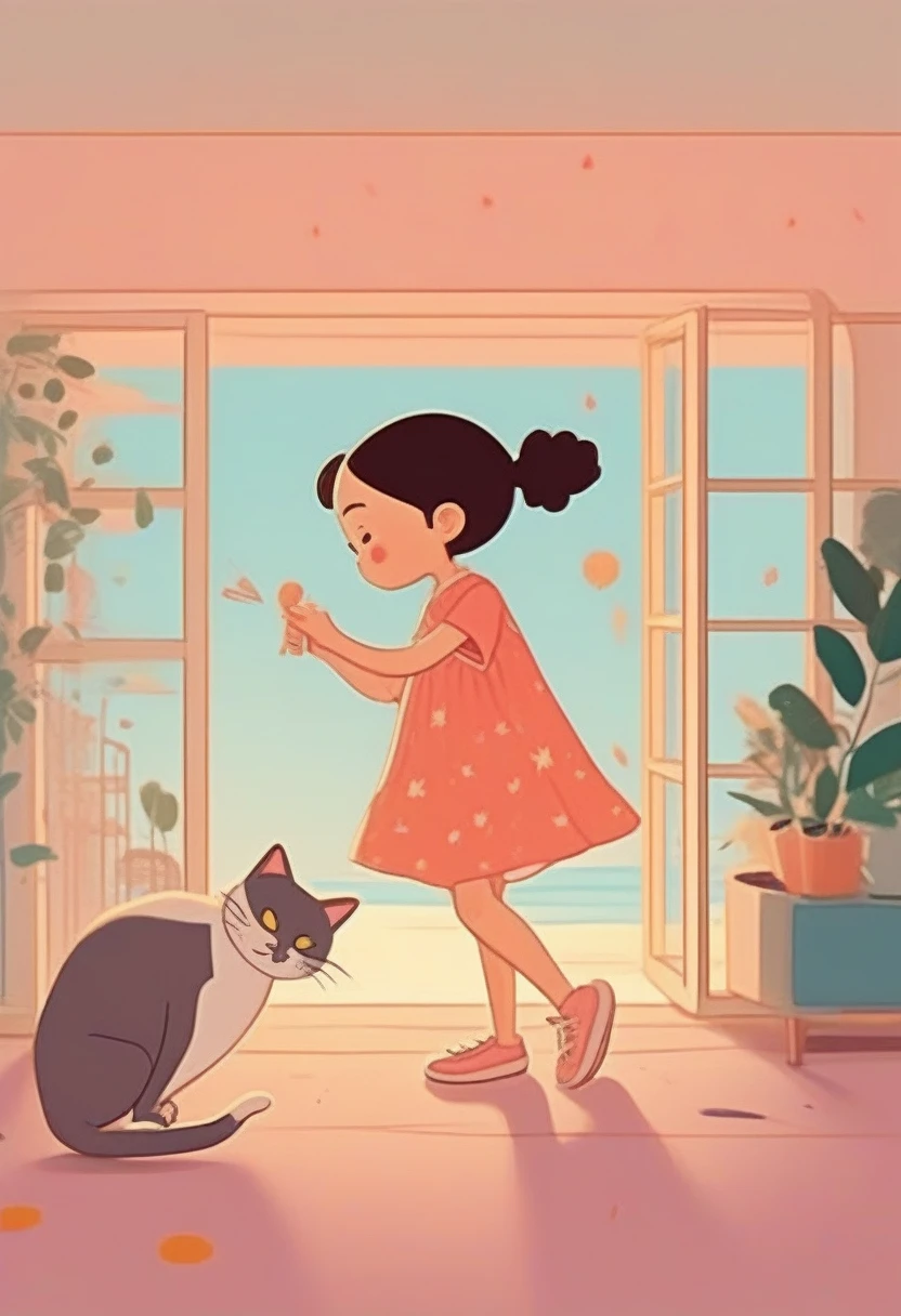 score_9, score_8_up, score_7_up, score_6_up, score_5_up, score_4_up, A simple and cute picture book, with simple and abstract characters, illustration style, a girl strokes a cat that has eaten enough food to be fullm, dancing notes, warm and gentle light effects like a sunset, and vivid color effects of soft pastel colors and vivid colors