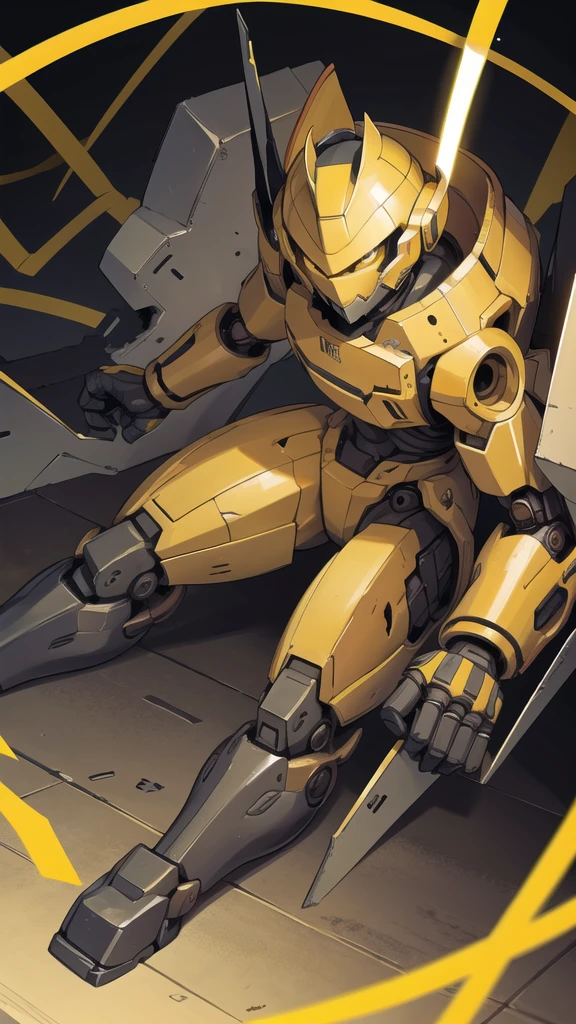 Full body war robot with yellow eyes and collapsed background. Full body war robot with yellow eyes and collapsed background.