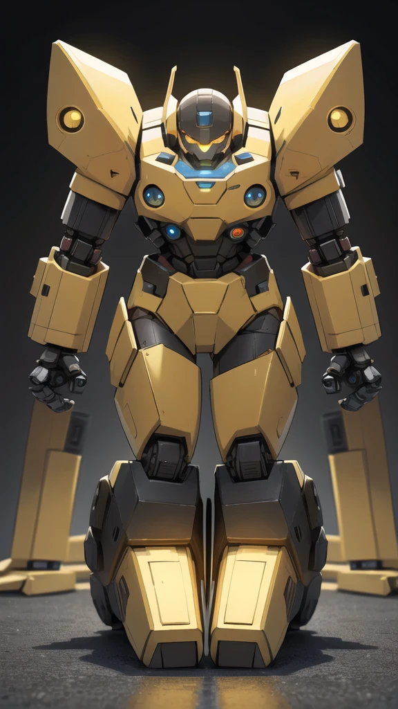 Full body war robot with yellow eyes and collapsed background. Full body war robot with yellow eyes and collapsed background.
