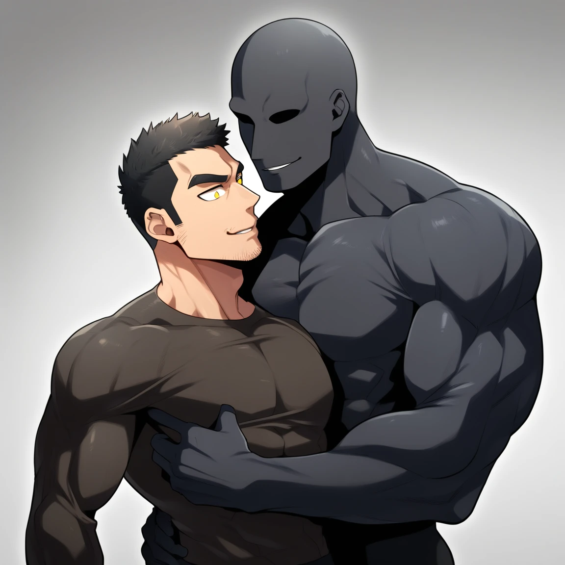 anime characters：Two superheroes in tights, Muscle Sports Student and Muscle No Face No Eyes skinhead superhero, No Face，negro black skin, They hugged and kissed each other, Bite your neck, Caress, Manliness, male focus, Yellow and black high collar long sleeve tight T-shirt, Slightly transparent material, Very tight, Round, full and perky chest muscles, Muscle waist, Slightly transparent, muscular male, muscular, only, Upper body, alone, Black short hair, Thick eyebrows, stubble, Yellow eyes, Grey background, simple background, amazing quality, best aesthetics, Ridiculous, bright pupils, crew cut, parted lips, seductive smile, torogao, naughty face, drop shadow, best quality