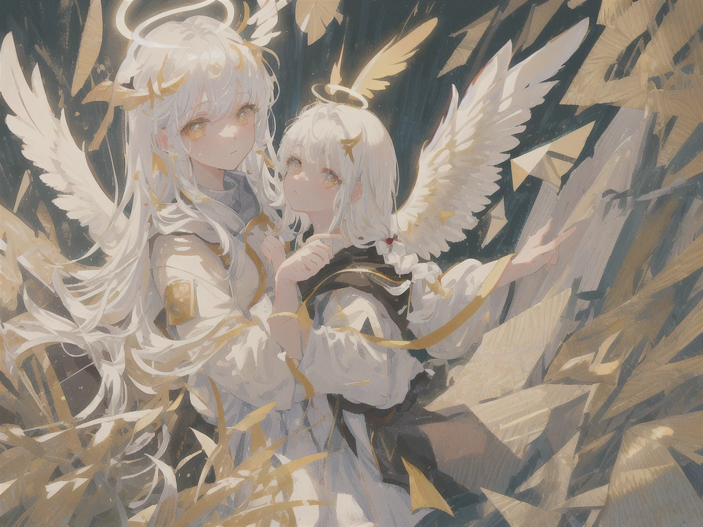 masterpiece, best quality, ultra-detailed, illustration, close-up, straight on, face focus, 1girl, white hair, golden eyes, long hair, halo, angel wings, serene expression, looking at viewer