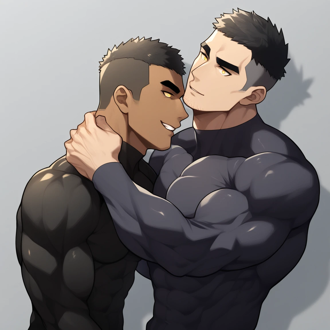 anime characters：Two superheroes in tights, Muscle Sports Student and Muscle No Face No Eyes skinhead superhero, No Face，negro black skin, They hugged and kissed each other, Bite your neck, Caress, Manliness, male focus, Yellow and black high collar long sleeve tight T-shirt, Slightly transparent material, Very tight, Round, full and perky chest muscles, Muscle waist, Slightly transparent, muscular male, muscular, only, Upper body, alone, Black short hair, Thick eyebrows, stubble, Yellow eyes, Grey background, simple background, amazing quality, best aesthetics, Ridiculous, bright pupils, crew cut, parted lips, seductive smile, torogao, naughty face, drop shadow, best quality