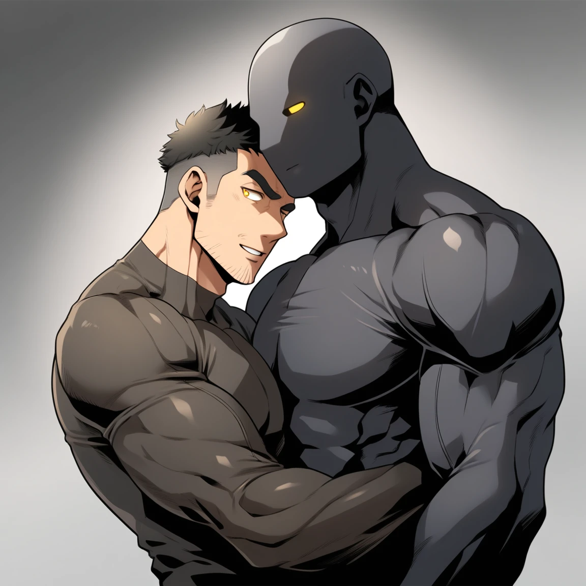 anime characters:Two superheroes in tights, Muscle Sports Student and Muscle No Face No Eyes skinhead superhero, No Face,negro black skin, They hugged and kissed each other, Bite your neck, Caress, Manliness, male focus, Yellow and black high collar long sleeve tight T-shirt, Slightly transparent material, Very tight, Round, full and perky chest muscles, Muscle waist, Slightly transparent, muscular male, muscular, only, Upper body, alone, Black short hair, Thick eyebrows, stubble, Yellow eyes, Grey background, simple background, amazing quality, best aesthetics, Ridiculous, bright pupils, crew cut, parted lips, seductive smile, torogao, naughty face, drop shadow, best quality