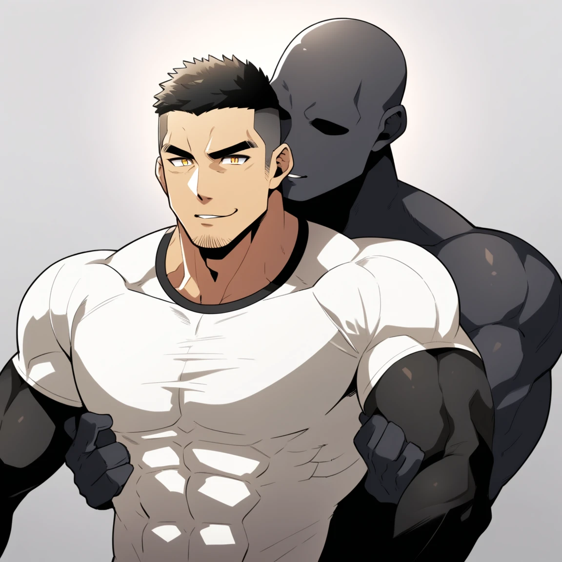anime characters：Two superheroes in tights, Muscle Sports Student and Muscle No Face No Eyes skinhead superhero, No Face，negro black skin, They hugged and kissed each other, Bite your neck, Caress, Manliness, male focus, Yellow and black high collar long sleeve tight T-shirt, Slightly transparent material, Very tight, Round, full and perky chest muscles, Muscle waist, Slightly transparent, muscular male, muscular, only, Upper body, alone, Black short hair, Thick eyebrows, stubble, Yellow eyes, Grey background, simple background, amazing quality, best aesthetics, Ridiculous, bright pupils, crew cut, parted lips, seductive smile, torogao, naughty face, drop shadow, best quality