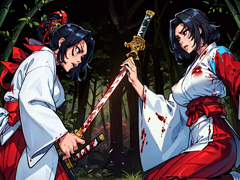 ((face each other: 1.5)), ((killing each other, samurai sword duel)), (highest quality, masterpiece, High resolution, Female samurai and female samurai kill each other in the bamboo forest), ((sweating:1.1)), (((Killing a female samurai with a sword))), (two young women), black hair, long hair, purple eyes, hime cut, japanese clothes, miko, holding weapon, katana, ((standing)), outdoors, full body, angry expression score_9, score_8_up, score_7_up, score_6_up, score_5_up, score_4_up, BREAK source_anime, masterpiece, (erect nipples), (blood: 1.2), (evil: 1.1), female samurai style, kimono, ((furisode)), red hakama, (wearing red hakama: 1.5), ((kimono covered breasts)), (white tabi ankle socks: 1.3), very large breasts, black hair, red hakama wide pants, red hakama pleated pants, swinging sword, (blood flowing: 1.2), (blood splatter: 1.2)
