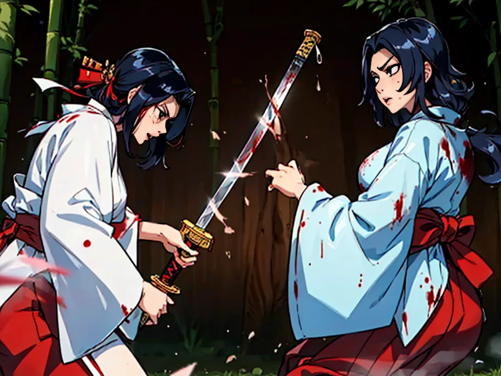 ((face each other: 1.5)), ((killing each other, samurai sword duel)), (highest quality, masterpiece, High resolution, Female samurai and female samurai kill each other in the bamboo forest), ((sweating:1.1)), (((Killing a female samurai with a sword))), (two young women), black hair, long hair, purple eyes, hime cut, japanese clothes, miko, holding weapon, katana, ((standing)), outdoors, full body, angry expression score_9, score_8_up, score_7_up, score_6_up, score_5_up, score_4_up, BREAK source_anime, masterpiece, (erect nipples), (blood: 1.2), (evil: 1.1), female samurai style, kimono, ((furisode)), red hakama, (wearing red hakama: 1.5), ((kimono covered breasts)), (white tabi ankle socks: 1.3), very large breasts, black hair, red hakama wide pants, red hakama pleated pants, swinging sword, (blood flowing: 1.2), (blood splatter: 1.2)
