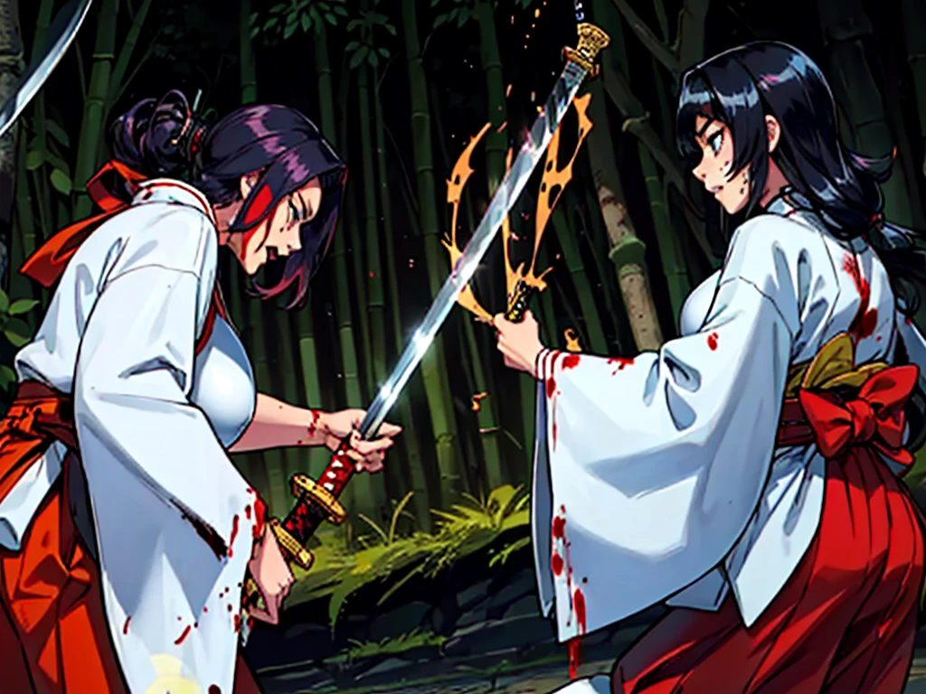 ((face each other: 1.5)), ((killing each other, samurai sword duel)), (highest quality, masterpiece, High resolution, Female samurai and female samurai kill each other in the bamboo forest), ((sweating:1.1)), (((Killing a female samurai with a sword))), (two young women), black hair, long hair, purple eyes, hime cut, japanese clothes, miko, holding weapon, katana, ((standing)), outdoors, full body, angry expression score_9, score_8_up, score_7_up, score_6_up, score_5_up, score_4_up, BREAK source_anime, masterpiece, (erect nipples), (blood: 1.2), (evil: 1.1), female samurai style, kimono, ((furisode)), red hakama, (wearing red hakama: 1.5), ((kimono covered breasts)), (white tabi ankle socks: 1.3), very large breasts, black hair, red hakama wide pants, red hakama pleated pants, swinging sword, (blood flowing: 1.2), (blood splatter: 1.2)
