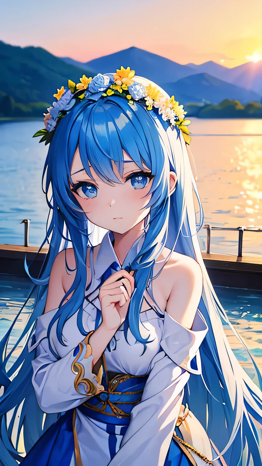 20-year-old woman in Ukrainian costume、Blue eyes with a flower crown on his head、River and blue sky in the background、Afternoon light and sunset realistic illustration