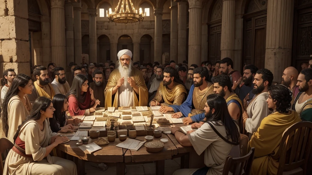 "A bustling marketplace in a Hellenistic city, where merchants from diverse backgrounds trade goods and ideas. In the center, a philosopher engages a group of listeners in animated discussion about the concept of resurrection. Nearby, a scroll of the Book of Daniel is unfurled, revealing the prophecy of multitudes awakening to everlasting life or shame. The scene illustrates the interplay of Persian and Hellenistic influences on Jewish thought during the intertestamental period, shaping beliefs in resurrection and eternal life."