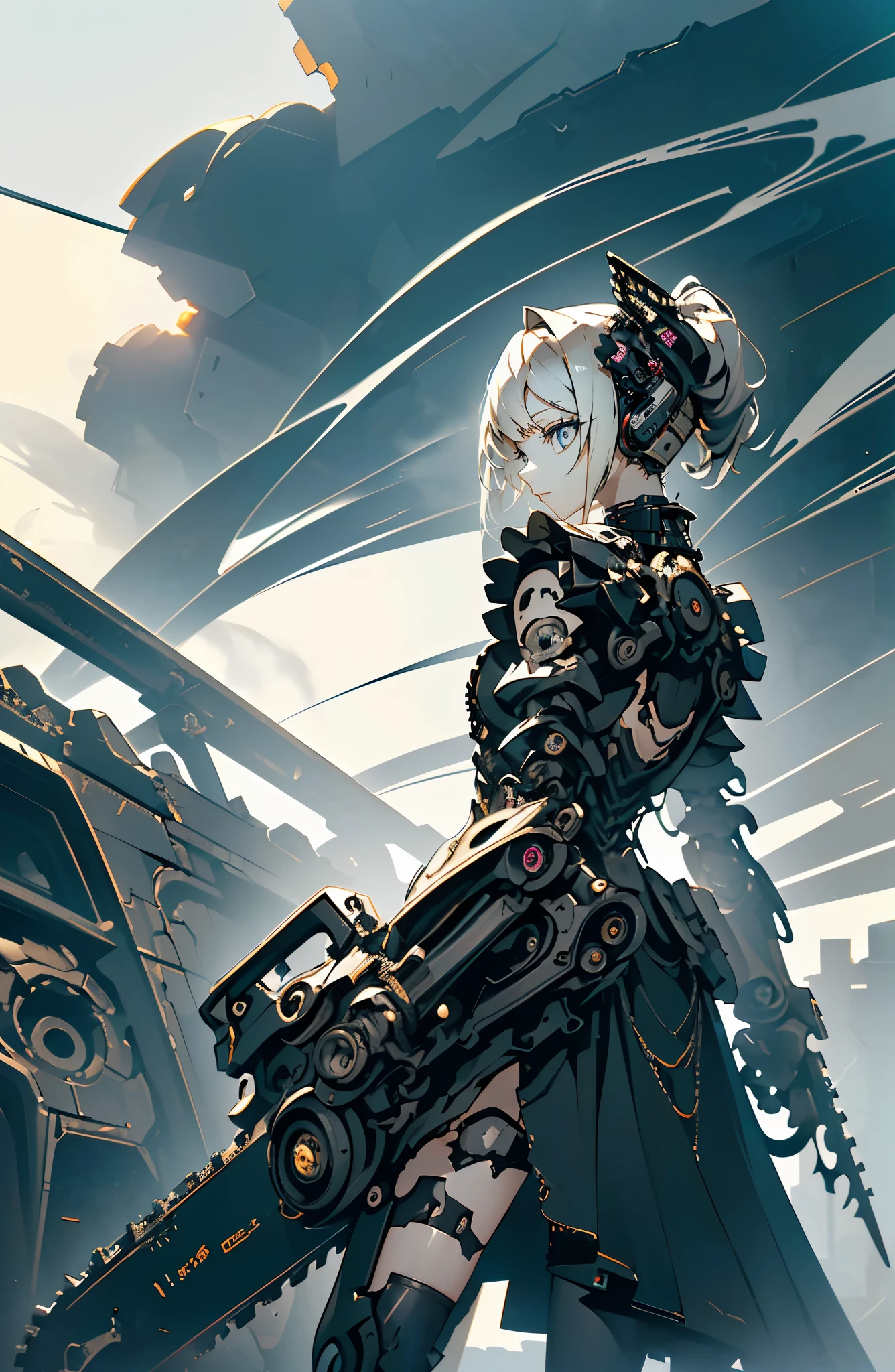 Ultra-high quality、8K picture quality、high resolution、Image quality captured with a single-lens reflex camera、(SFW)、Perfect anatomical structure、(1. The theme is a gothic punk girl in a black dress）Beautiful blond 20 year old girl.Orange eyes、(Good shape、Normal chest、cleveage)、(Black mechanical parts for arms and legs、3D, Realistic mechanical parts)(Mechanical parts wing on the back)(Equipped with a giant chainsaw:1.2)rest、（Perfect anatomical structure:1.4）rest(Rear view、look back、Avoid your gaze:1.3)Flower petals flutter(The battlefield filled with smoke、wasteland、Dusk Girl:1.5)