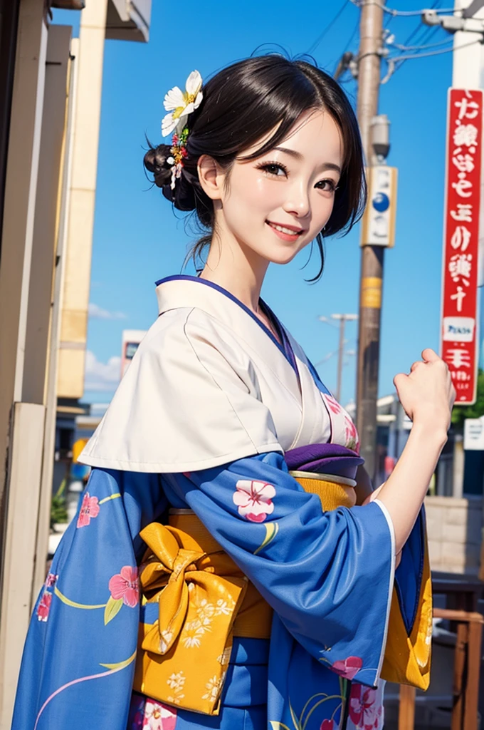 A beautiful smiling woman in a kimono greets people with a cheerful "Good morning" as her arms open under the blue sky