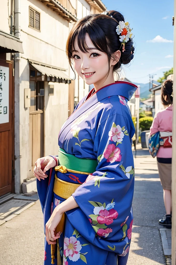 A beautiful smiling woman in a kimono greets people with a cheerful "Good morning" as her arms open under the blue sky