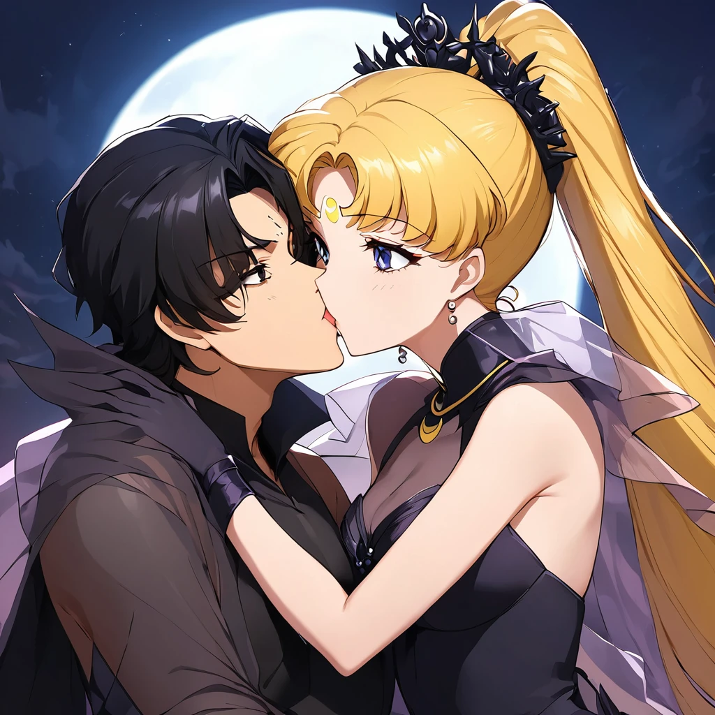 ((Highest quality)), ((masterpiece)), (detailed), (Perfect Face)、Black moon mark on forehead、The woman is Black Serenity, the noble dark queen of the Black Moon clan and has blonde hair.2The woman, Princess Serenity, has long hair tied in a ponytail and is embracing the strong and evil demon king, kissing him and getting married.、The woman has a black inverted crescent moon mark on her forehead, a gorgeous and glittering black gothic Victorian dress, a black veil and a black see-through cape, and is wearing luxurious jeweled accessories. She is the Queen of Darkness, the jet-black Princess Serenity, looking at the camera with a happy expression, and has the expression of a maiden in love.、A woman and a strong, evil demon king man embrace each other, kiss each other and get married.