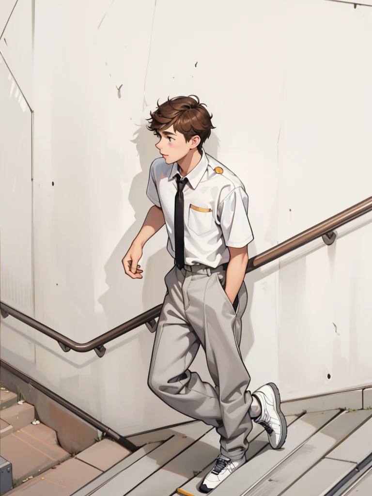 There is a -yeld br-haired male student walking up the stairs of his high school.