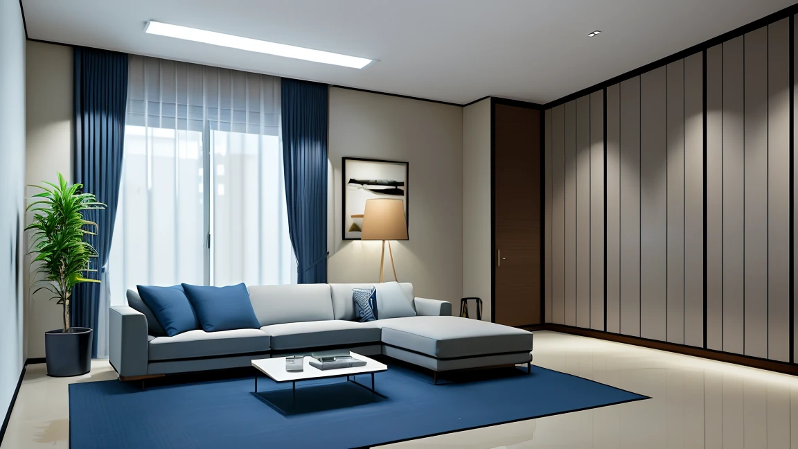 Describe Tokyo's cityscape at night, focusing on a high-rise residential building with a bed-room, a modern interior design, and attention to detail. The room features: - A white wall paper - Concrete floor - A blue cushion - A deep blue sofa - White curtains - A potted plant (or plants) - A pendant light fixture - 16K resolution is required - Ensure the description is visually stunning and beautiful" This modified prompt clarifies the context and details, specifying the location, type of room, interior design, and required level of detail