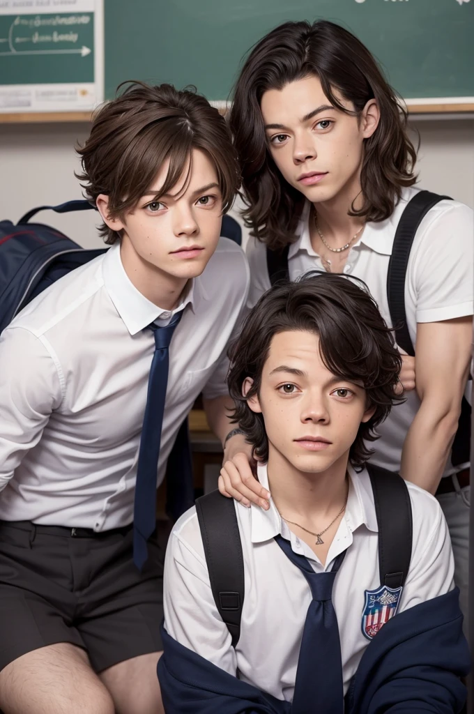 Criar uma foto onde Louis Tomlinson e harry styles, are in a school, Harry with his hair on his shoulders and being the popular one and Louis being the student who was least popular