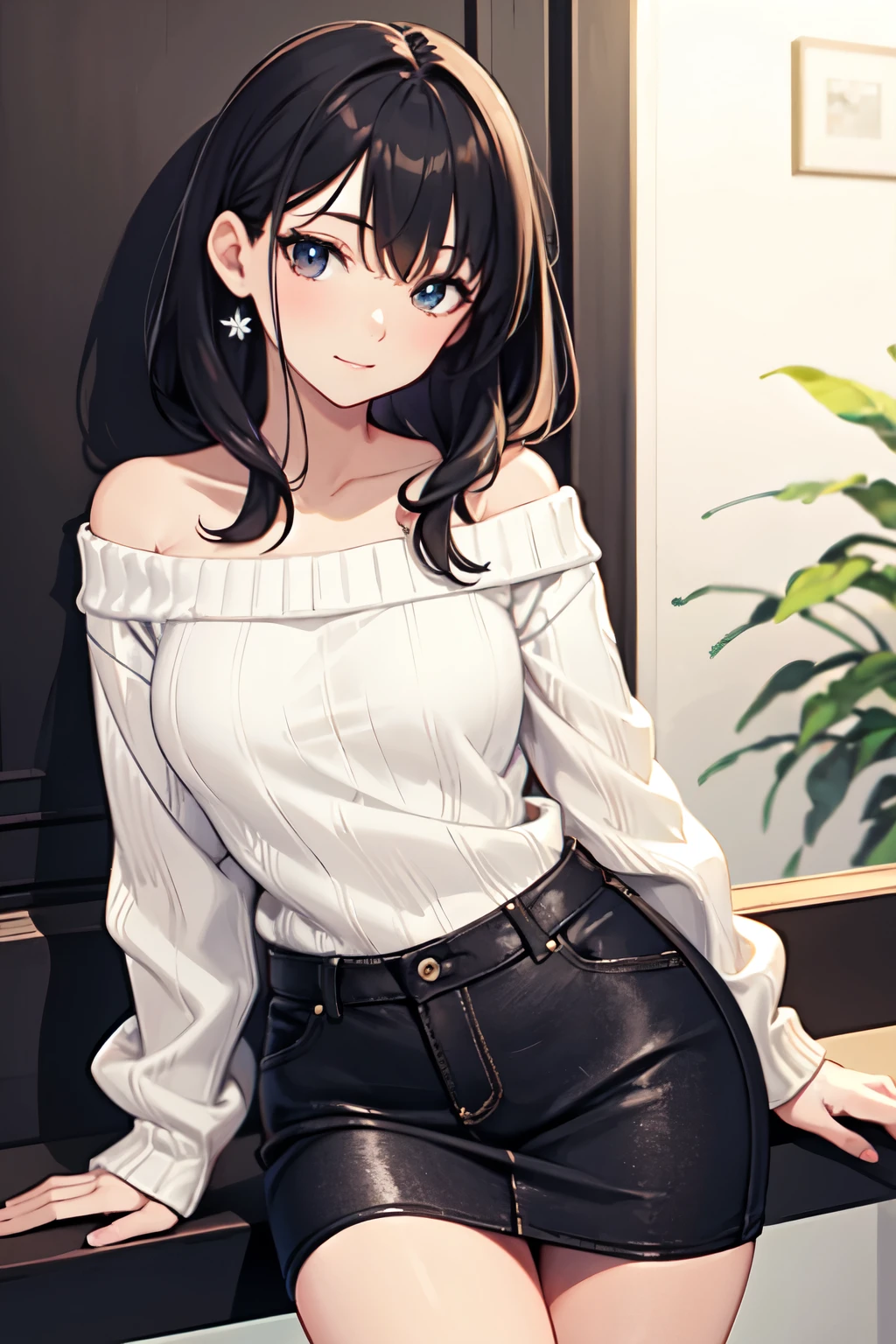 ((Highest quality)), ((masterpiece)), (detailed), One girl, Off-the-shoulder sweater,