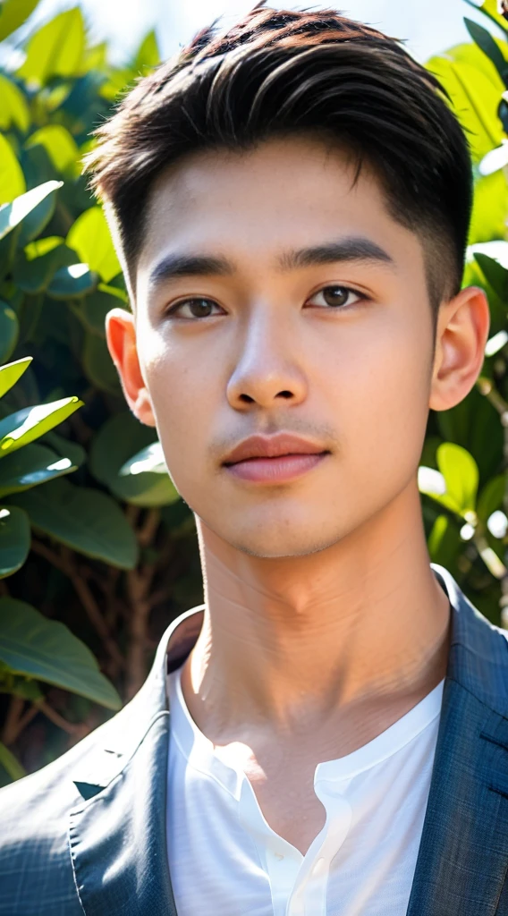 (realistically, Masterpiece, High resolution 8K, good light quality, Portrait, closed on face, complicated details), The most handsome Korean uncle., Beard,Age 40, Staring at desire, detailed face, Detailed eyes, look at the sky, shirt, suit lac suit,tick,黑Eyes, (Pale skin), body standards,brown hair, smooth hair,Big Back, Outdoor activities, evening, sunset,office room, Exaggerated, impersonal