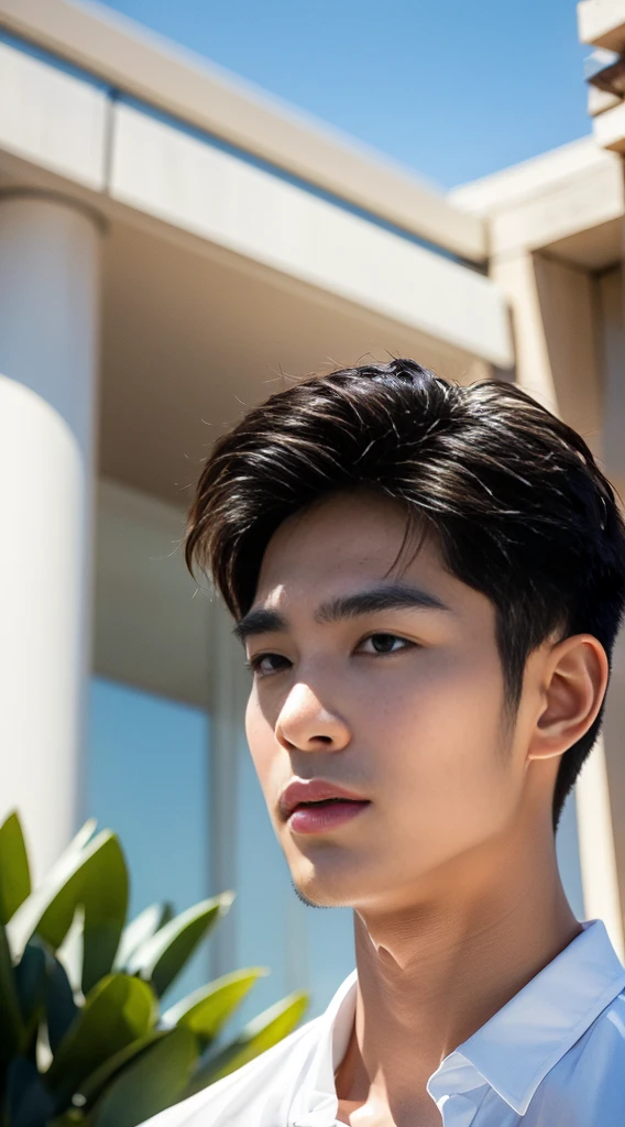 (realistically, Masterpiece, High resolution 8K, good light quality, Portrait, closed on face, complicated details), The most handsome Korean uncle., Beard，Age 40, Staring at desire, detailed face, Detailed eyes, look at the sky, shirt, suit lac suit，tick,黑Eyes, (Pale skin), body standards,brown hair, smooth hair,Big Back， Outdoor activities, evening, sunset,office room, Exaggerated, impersonal