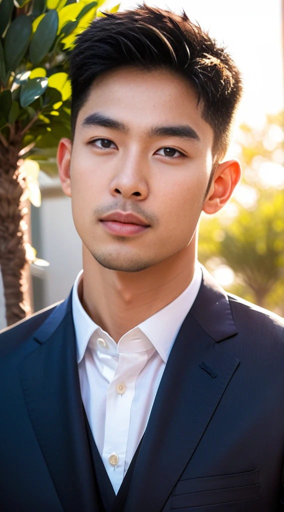 (realistically, Masterpiece, High resolution 8K, good light quality, Portrait, closed on face, complicated details), The most handsome Korean uncle., Beard,Age 40, Staring at desire, detailed face, Detailed eyes, look at the sky, shirt, suit lac suit,tick,黑Eyes, (Pale skin), body standards,brown hair, smooth hair,Big Back, Outdoor activities, evening, sunset,office room, Exaggerated, impersonal