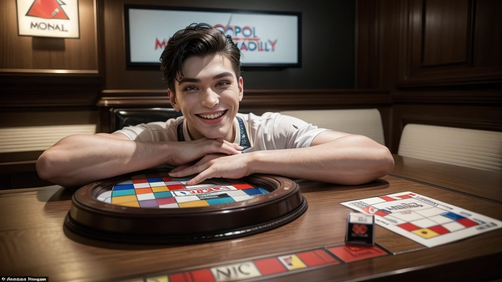 Man, with Ronald MC Donald's makeup, evil smile, sitting at a table with "Monopoly" written on it, with both arms on the table, photo with front view