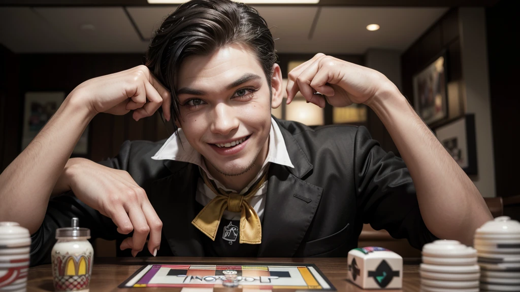 Man, with Ronald MC Donald's makeup, evil smile, sitting at a table with "Monopoly" written on it, with both arms on the table, photo with front view