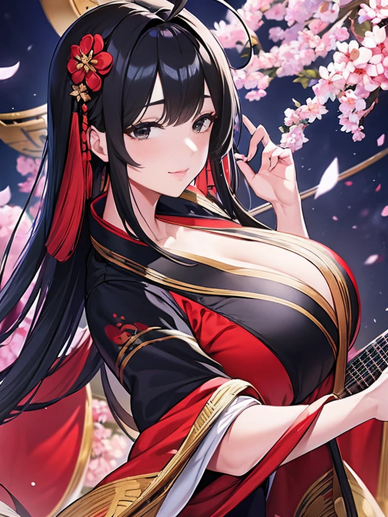 1beautiful middle age woman, solo,long hair,ahoge, black hair, hair ornament, holding, massive upper body, huge huge huge chest,flower, japanese clothes, hair flower, wide sleeves kimono, black eyes, floral print,blue cherry blossoms,look back,music,playing electric guitar,sing, black kimono,japanese ukiyoe digital anime art background,heian era,golden age,