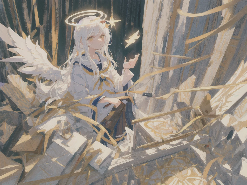 masterpiece, best quality, ultra-detailed, illustration, close-up, straight on, face focus, 1girl, white hair, golden eyes, long hair, halo, angel wings, serene expression, looking at viewer