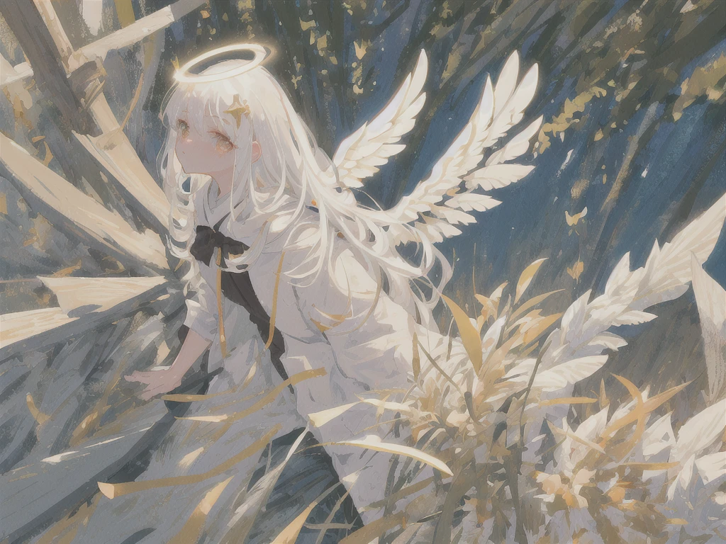 masterpiece, best quality, ultra-detailed, illustration, close-up, straight on, face focus, 1girl, white hair, golden eyes, long hair, halo, angel wings, serene expression, looking at viewer