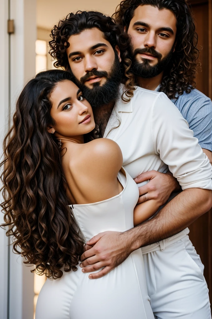 A man with curly hair and three-day beard, hugs a young woman with a large bust from behind, long hair down to her thighs and dressed in a white jumpsuit with a wide neckline, they both look straight ahead 