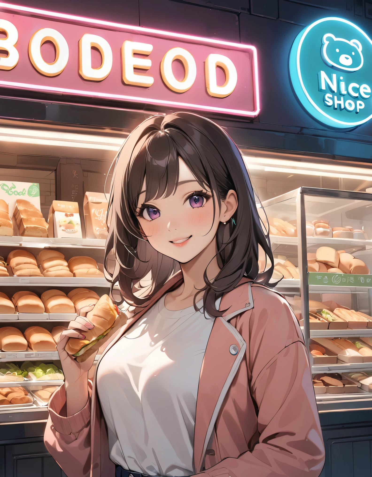 Bread店,A pretty girl,Female shop assistant,Happy smile,beautiful face,制作Sandwiches,_Give,A cute bear shop sign on the wall,小熊Bread,neon light,Bread,biscuit,Sandwiches,Salad,Bottled drinks,anime,Nice background,Depth of Field,CG unity,illustration,