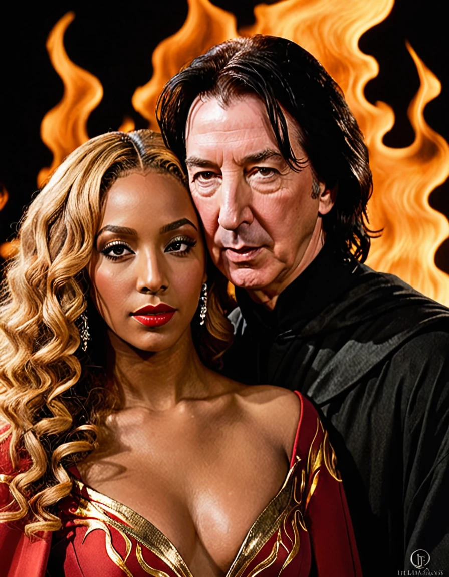 - Scene: Create an image of two people in love in a setting of mystery and passion.
- Woman's Appearance:
- Resembles Beyoncé
- Brown skin
- Long, golden blonde curly hair
- Confident and seductive expression
- Wearing a red dress, elegant and form-fitting
- Lips painted a deep, intense red
- Man's Appearance:
- Resembles Severus Snape (Alan Rickman)
- Pale skin
- Large nose
- Black, straight hair falling around his face in a somber manner
- Serious and intense expression
- Wearing a black cloak, contrasting with the flames around them
- Atmosphere:
- Surrounded by flames, creating a mystical and fiery ambiance
- Soft lighting highlighting their faces, enhancing the sparkle in their eyes
- Flames adding an element of intensity and mystery to the scene
- They are close to each other, gazing intensely into each other's eyes, exuding a strong emotional connection