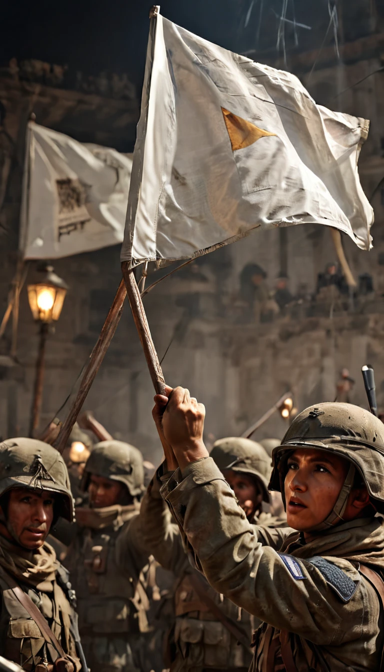 A close-up of a hand raising a white flag amidst battle-worn soldiers, holding a white flag, hyper realistic, ultra detailed hyper realistic, photorealistic, Studio Lighting, reflections, dynamic pose, Cinematic, Color Grading, Photography, Shot on 50mm lens, Ultra-Wide Angle, Depth of Field, hyper-detailed, beautifully color, 8k, golden light from the front,