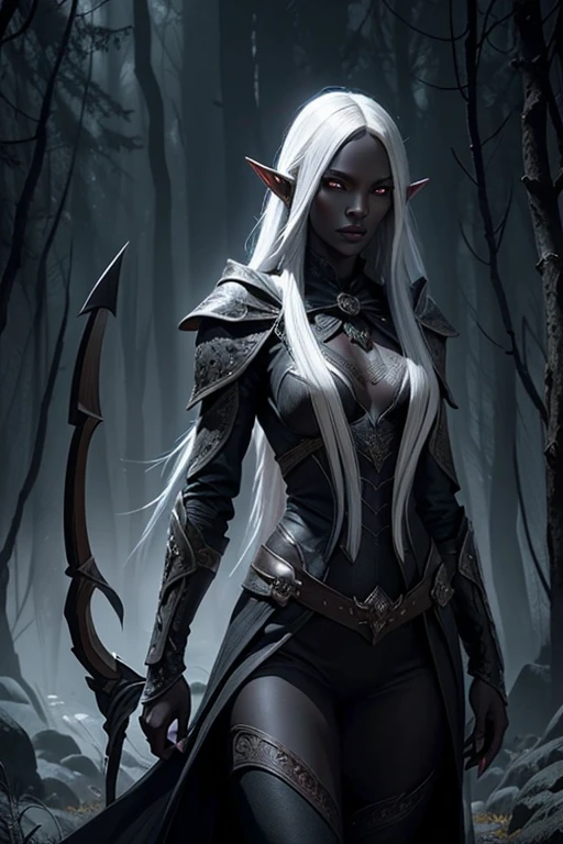 A beautiful dark elf woman, drow, with dark grey skin and long white hair, intricate detailed facial features, porcelain skin, striking eyes, full lips, slender figure, ranger clothes, bow and arrows, dramatic lighting, dramatic fantasy scene, dark moody atmosphere, dark forest background, detailed textures, highly detailed, 8k, cinematic, award-winning artwork, digital painting, concept art, photorealistic, full body shot