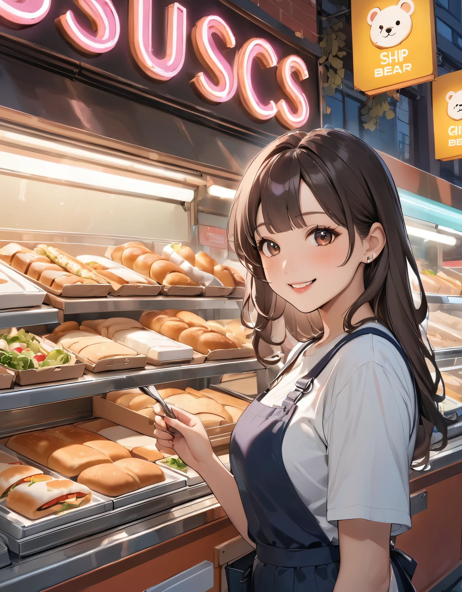 Bread店，A pretty girl，Female shop assistant，Happy smile，beautiful face，制作Sandwiches，_Give，A cute bear shop sign on the wall，小熊Bread，neon light，Bread，biscuit，Sandwiches，Salad，Bottled drinks，anime，Nice background，Depth of Field，CG unity，illustration，