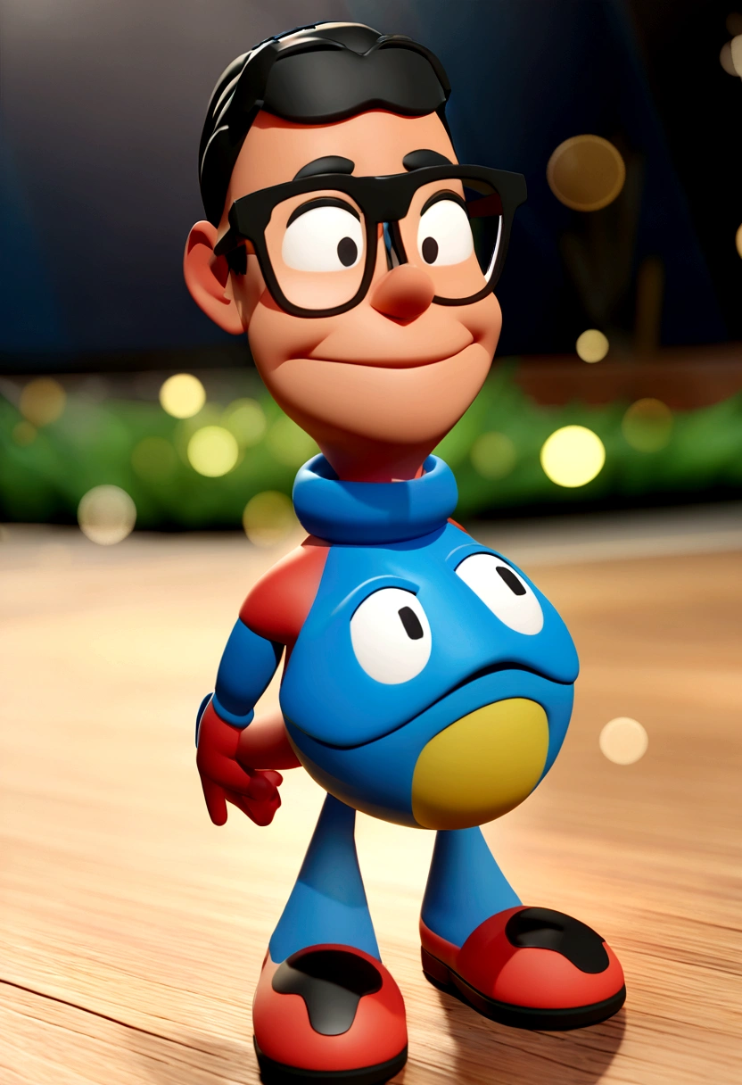 Cartoon character of a man in black glasses and blue shirt, an animated character, stylized character, animation style rendering, 3d stylized, Arnold Maya rendering, Stylized 3D rendering, toon render screenshot, 3d character, 3d character, Stylized 3D rendering, 3D character rendering, cartoon character, Personagem de close up, character posing, (Pixar-style) (master part:1.2) (bokeh) (best qualityer) (skin detailed) (detailed texture) (8K) (Argilla) (cinematic lighting) (sharp focus,Sit down and lift your upper body