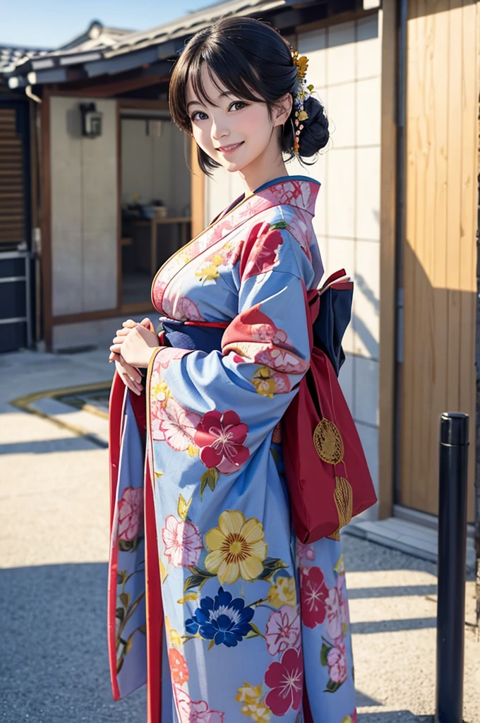 A beautiful smiling woman in a kimono greets people with a cheerful "Good morning" as her arms open under the blue sky