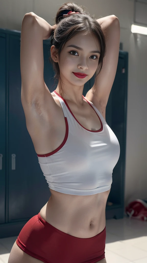 ((armpit姿势、armpit、armpit、masterpiece, Top image quality, high resolution, Armpit wrinkles:1.4、solo、、Sleeveless on land、track and field athlete、High Ponytail Hairstyle、locker room、locker room、not good、whole body、Smile、armpit hairy、Stand Up Straight、armpit hair、armpit hair、armpit处有细小的皱纹、逼真的armpit、Tecateca Skin、Glowing skin、光泽的armpit、特卡特卡armpit))Latino, puberty, Sweating all over、Red lipstick、playground、Stand on the pitch、solo、我正在看armpit、Umbilical cord is visible、Umbilical cord