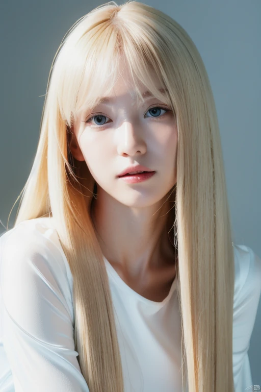 Realistic photo of 1 cute Korean star, long pale blonde hair and bangs, Meticulous hair, White skin, thin makeup, wearing white outfit, Close-up portrait, hyper HD,frontage,Forehead exposed,Full forehead,Don't obscure the character,Model the face,with light glowing,Face the camera head-on,,Youth and beauty,Do not cover your body,The upper part of the body,pale robe,White dress,