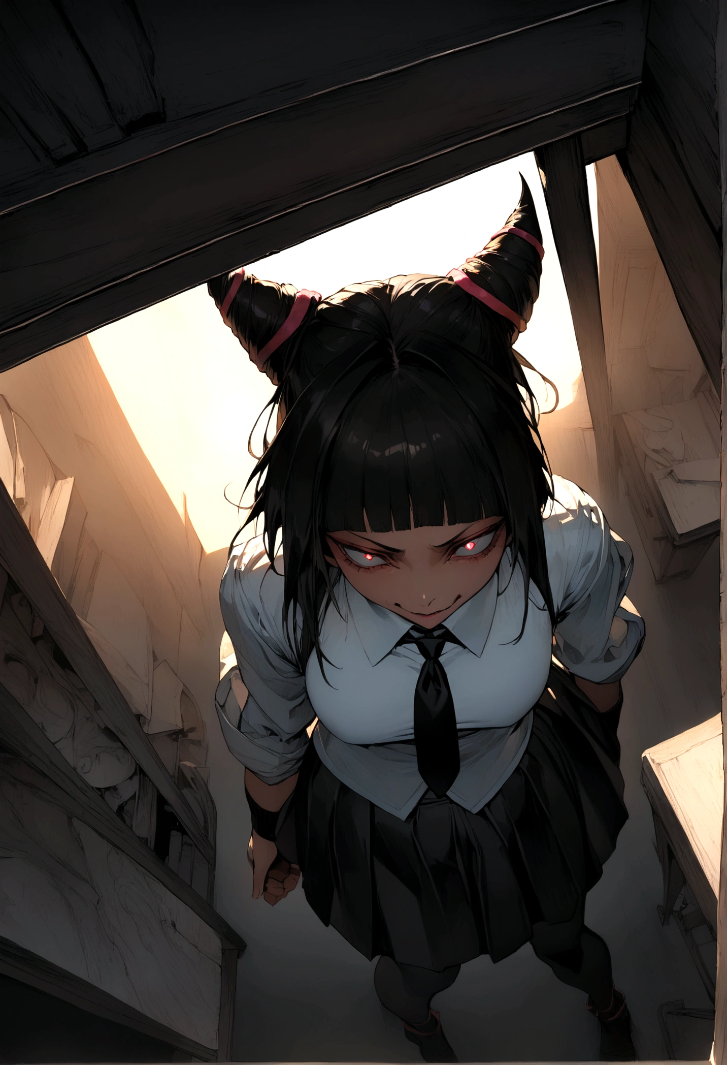 Juri Han, artwork, tight white secretary shirt with black tie, skirt short preta, skirt short,sock, Bblack hair, blackstockings,evil smile,DESK,bangs on the eyes,lighting,horn of hair,from above view,looking to the down,view from below
