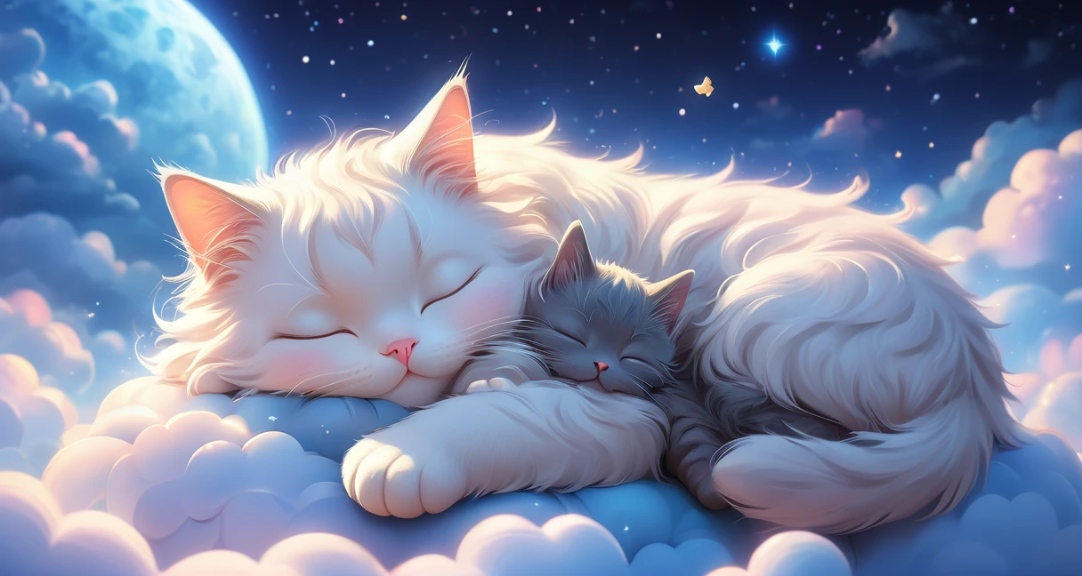 A cat is lying on a cloud,Eyes closed,Appears throughout the body, cute catのアニメビジュアル, Cute numbers, Beautiful and detailed digital art, Cute numbers艺术, cgstation Popular Topics, Anime Cat, Cat dream cat, Cat dream cat, Have a nice dream, cute cat, Fantasy Illustration, Nice 3D rendering, Dream Night, Animation-style rendering, Sleeping cat
