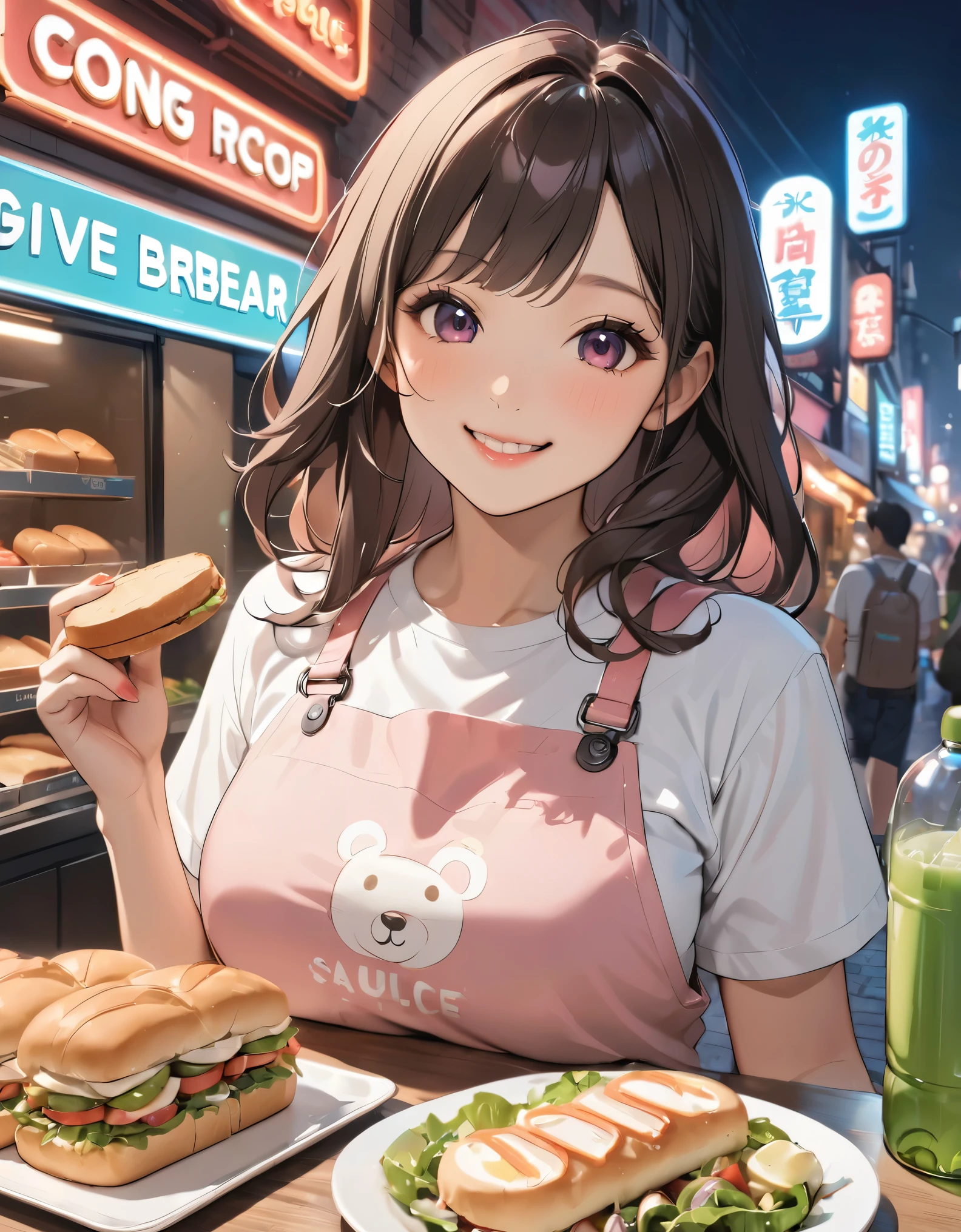 Bread店，A pretty girl，Female shop assistant，Happy smile，beautiful face，制作Sandwiches，_Give，A cute bear shop sign on the wall，小熊Bread，neon light，Bread，biscuit，Sandwiches，Salad，Bottled drinks，anime，Nice background，Depth of Field，CG unity，illustration，