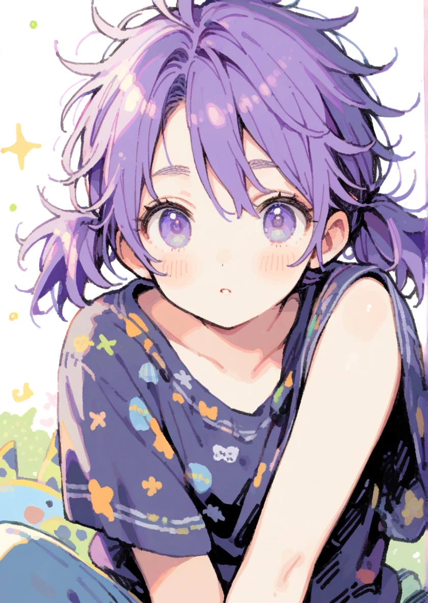 1girl, (messy hair, purple hair, spiky hair, short twintails:1.2), ジト目、リトルガール、tegaki