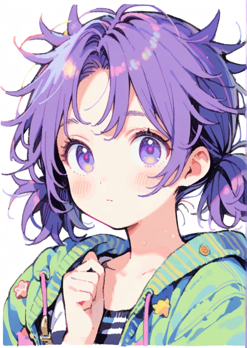1girl, (messy hair, purple hair, spiky hair, short twintails:1.2), ジト目、リトルガール、tegaki