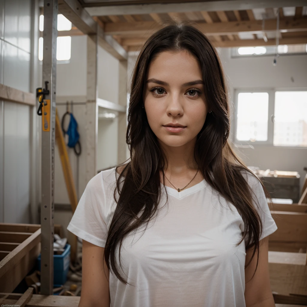 1girl in, 30 years old, Square face, Long hair, Looking at the viewer, jewelry, Reality, Sexy, sexy construction worker, construction site, free posing